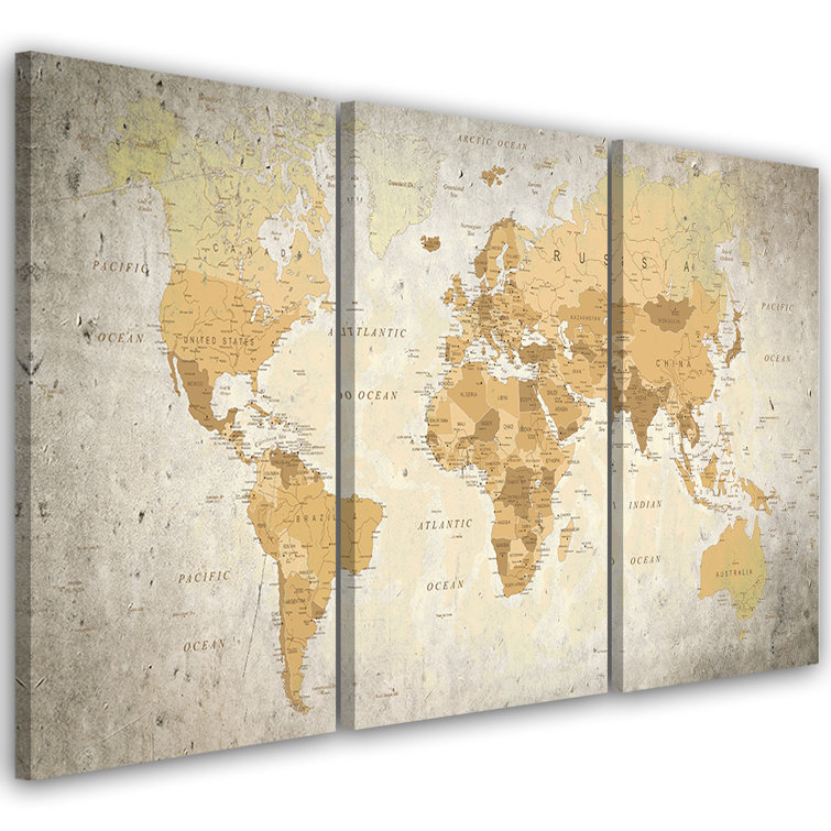 Williston World Map Brown 3 Piece Wrapped Canvas Photograph